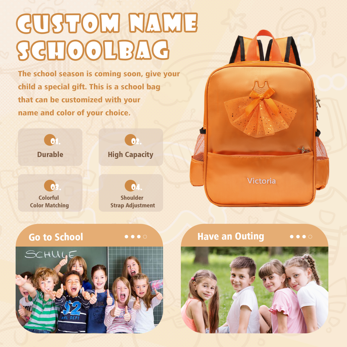 Personalized Name Band Princess Dress Accessories Satin Children Backpack Back To School Gift