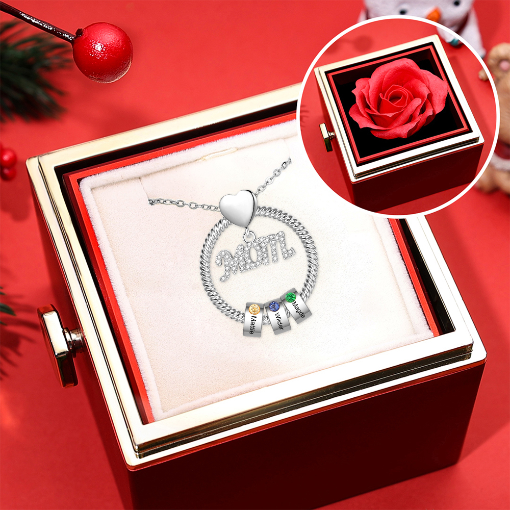 3 Names-Personalized Mom Necklace Set With Premium Rotating Rose Flower Gift Box-Custom Necklace With 3 Birthstones Engraved Names Gift For Mother