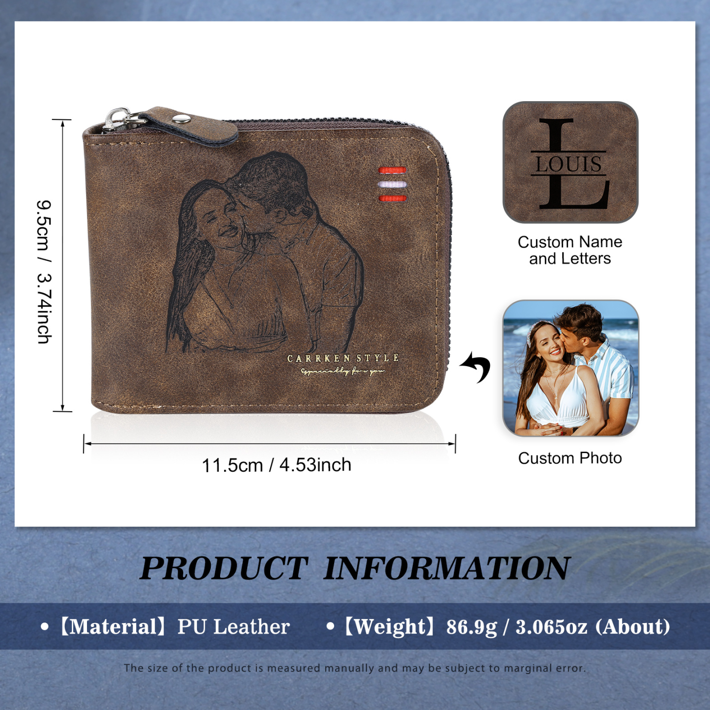 Personalized Photo Leather Men's Wallet Customized Name Letter Folding Dark brown Wallet For Couple