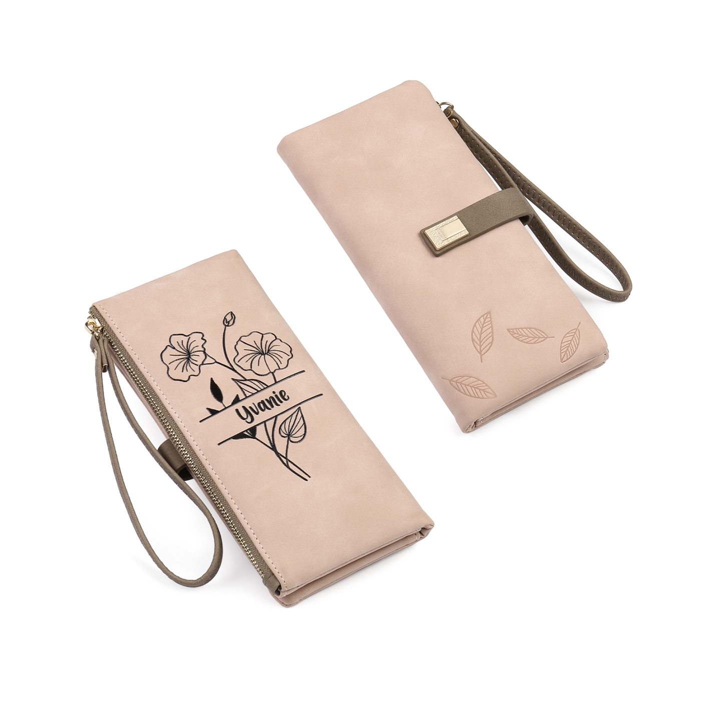 Personalized Women's Wallet Customized Birth Flower and Name Zipper Women's Wallet