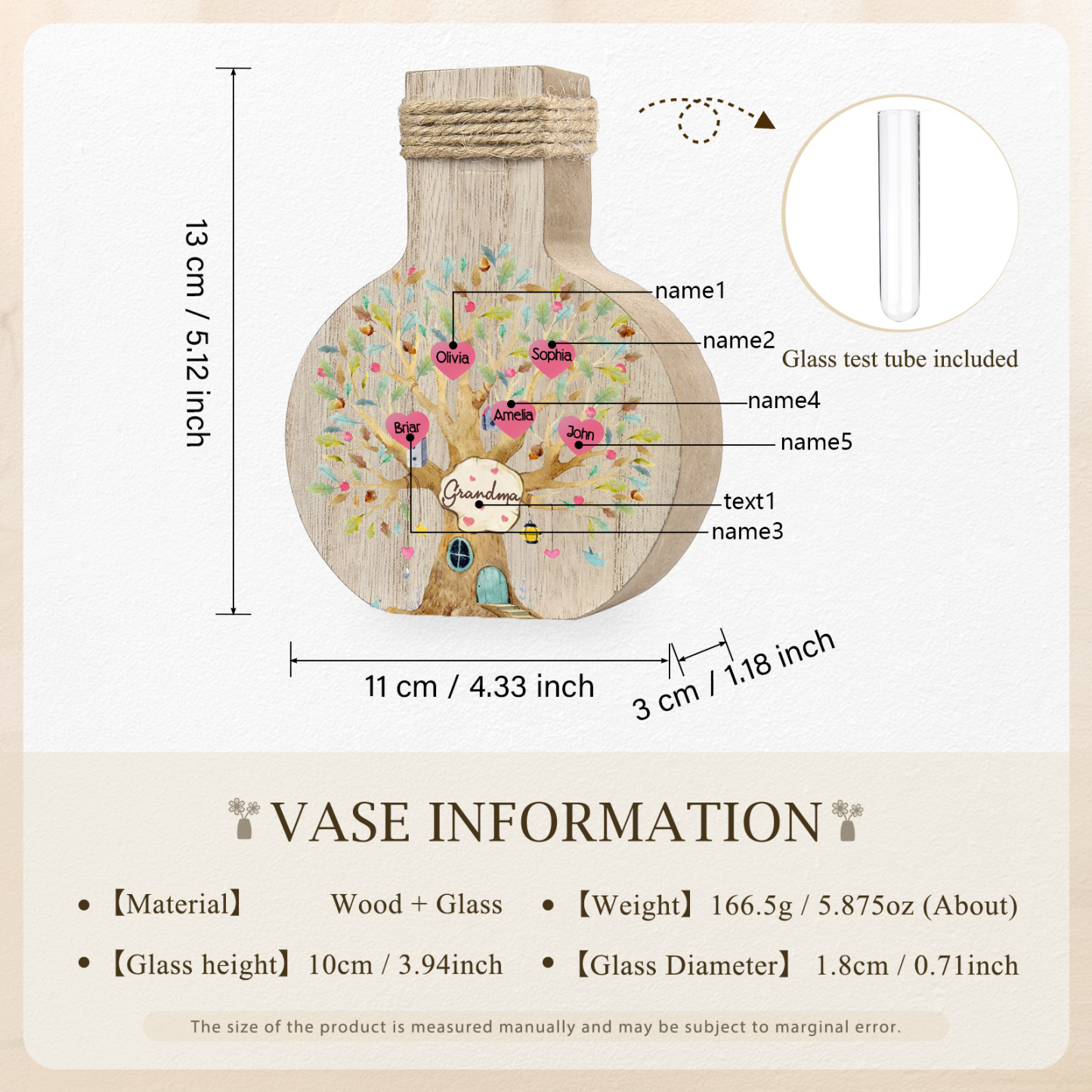 5 Names - Personalized Custom Text and Name Family Tree Wooden Decorative Vase as a Gift for Grandma