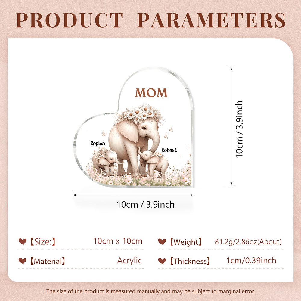 2 Names-Personalized Elephant Acrylic Heart Keepsake Custom Text Acrylic Plaque Ornaments Gifts for Mom