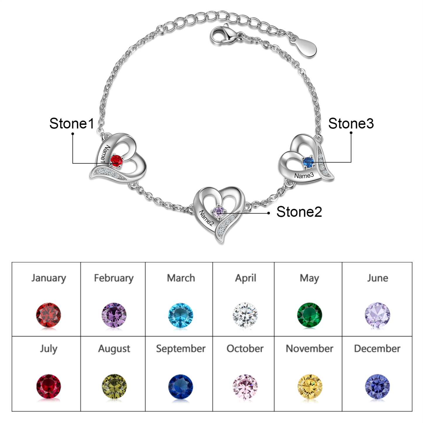 3 Names-Personalized Heart Bracelet With 3 Birthstones Engraved Names Bangle For Her