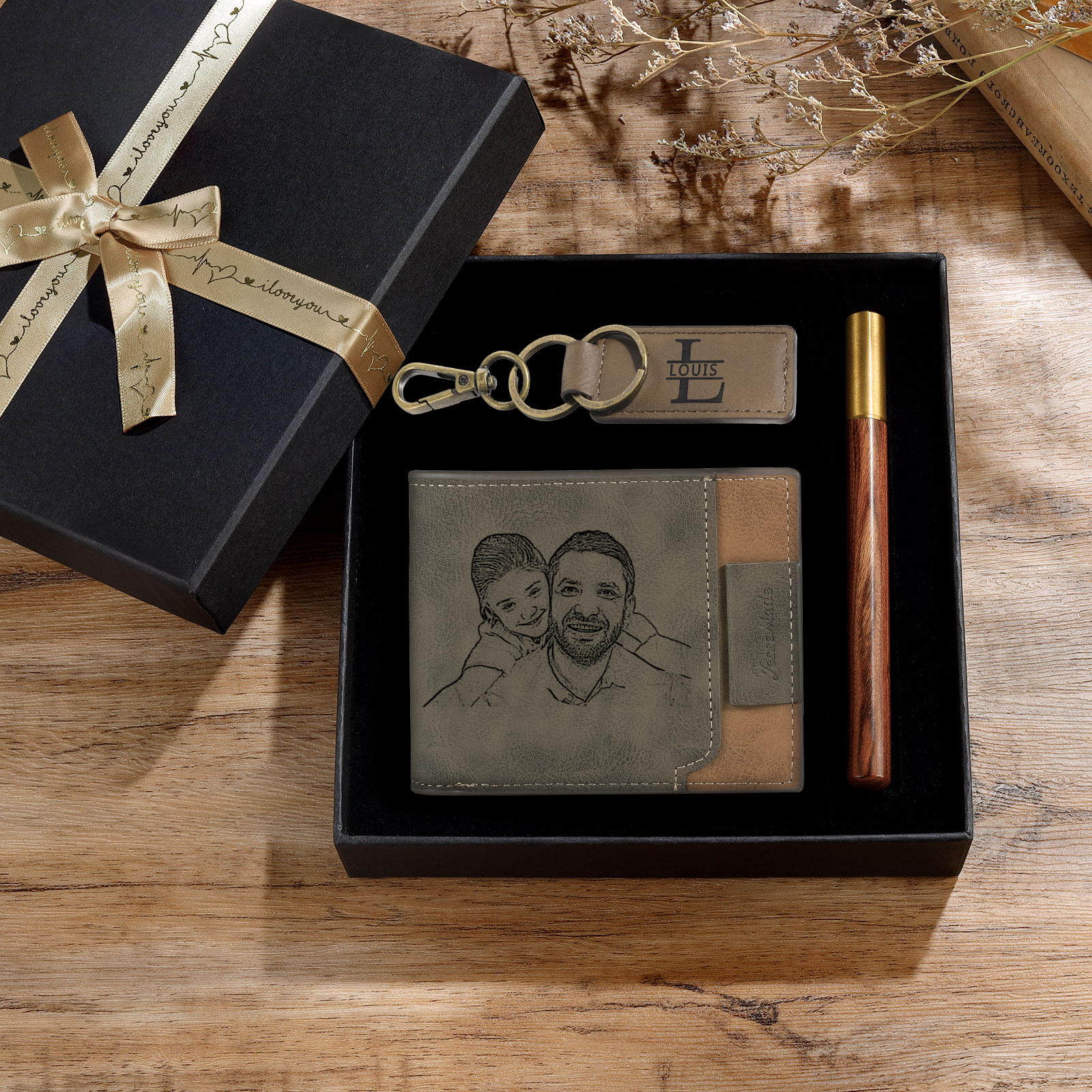 Photo Personalized Leather Wallet Gift Box Set with Keychain Customizable 2 Letter 2 Name Wallet Gift for Him