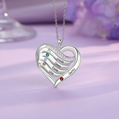 5 Names - Personalized S925 Silver Heart Necklace with Birthstone and Name, Beautiful Gift for Her