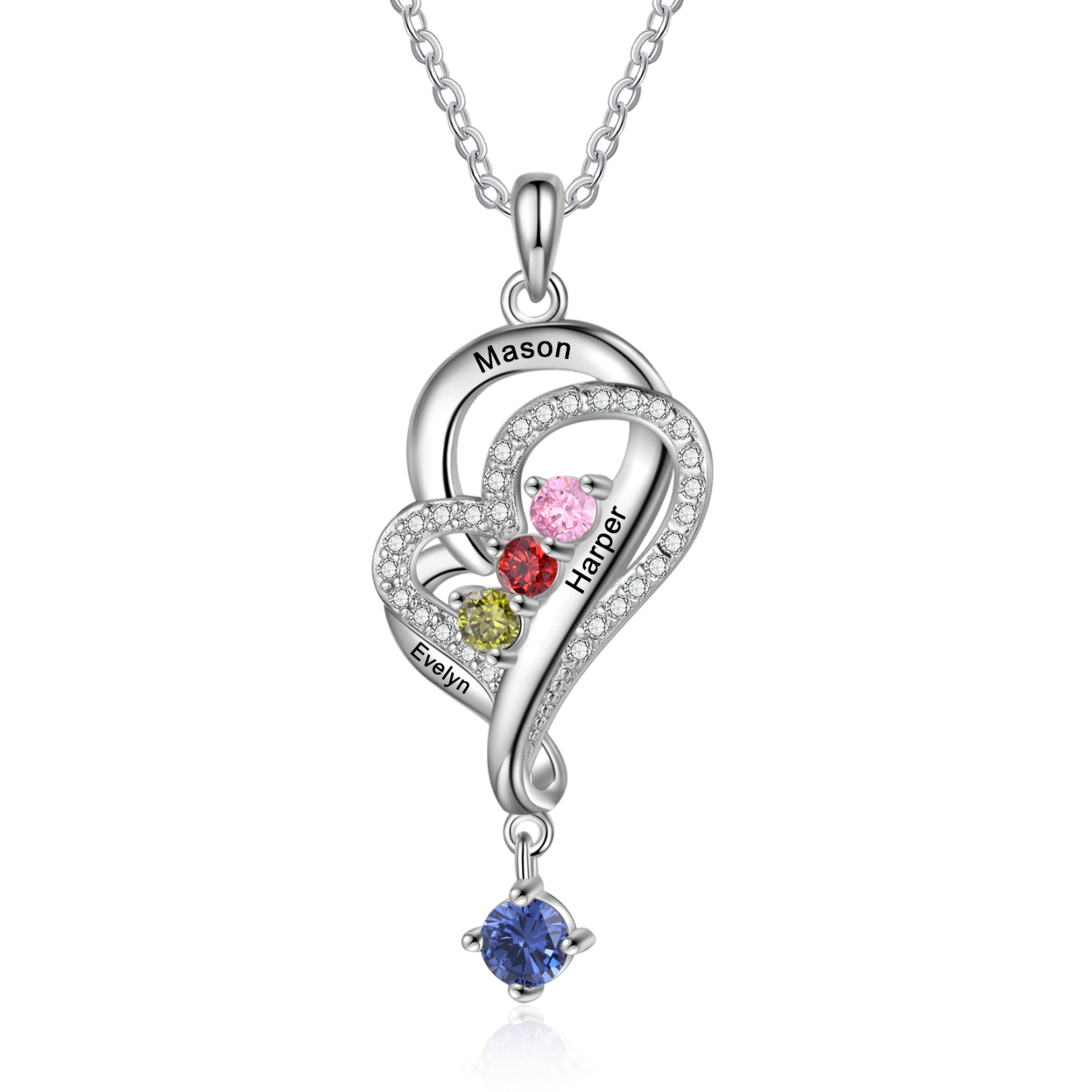 Personalized Overlap Heart Birthstone Necklace Custom 3 Names Necklace Gifts for Her