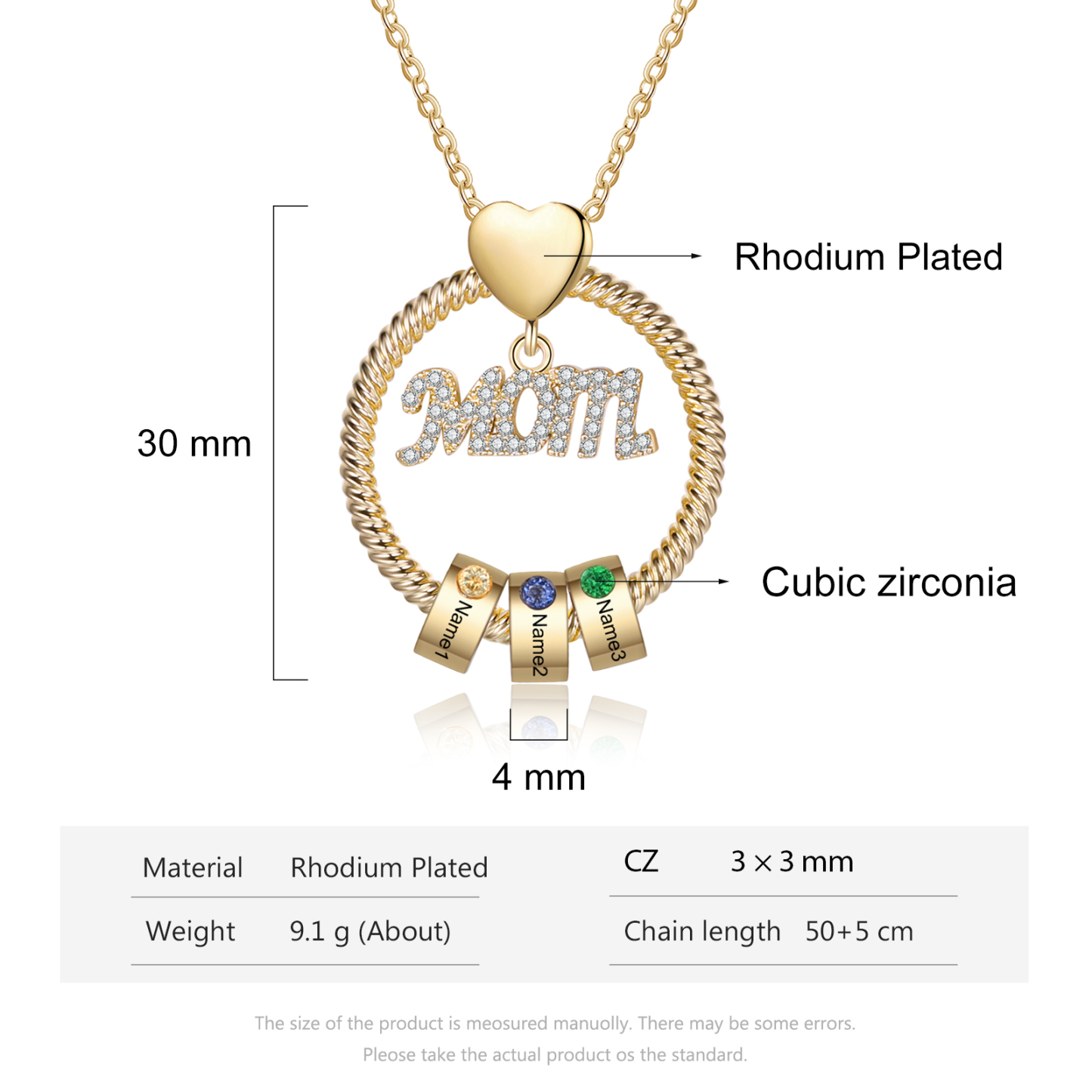 3 Names-Personalized Mom Necklace Set With Premium Rotating Rose Flower Gift Box-Custom Necklace With 3 Birthstones Engraved Names Gift For Mother