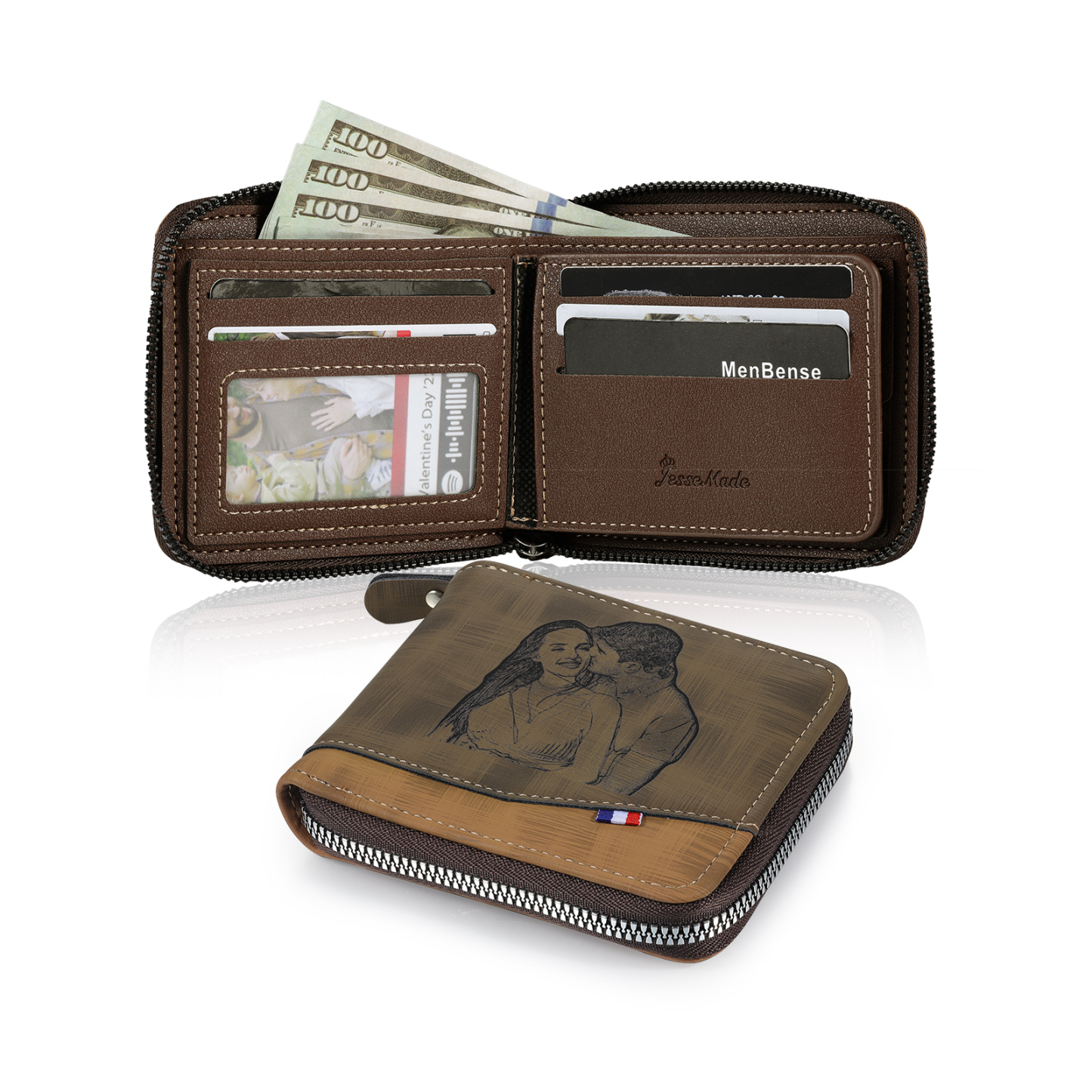 Personalized Name Leather Men's Zipper Wallet With Card Slot Engraved Letter And Photo Gift For Him