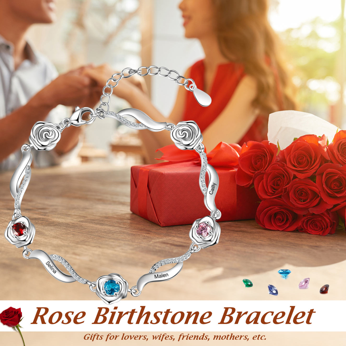 3 Names-Personalized Rose Bracelet With 3 Birthstones Set With Gift Box Custom Names Bracelet Gift For Women