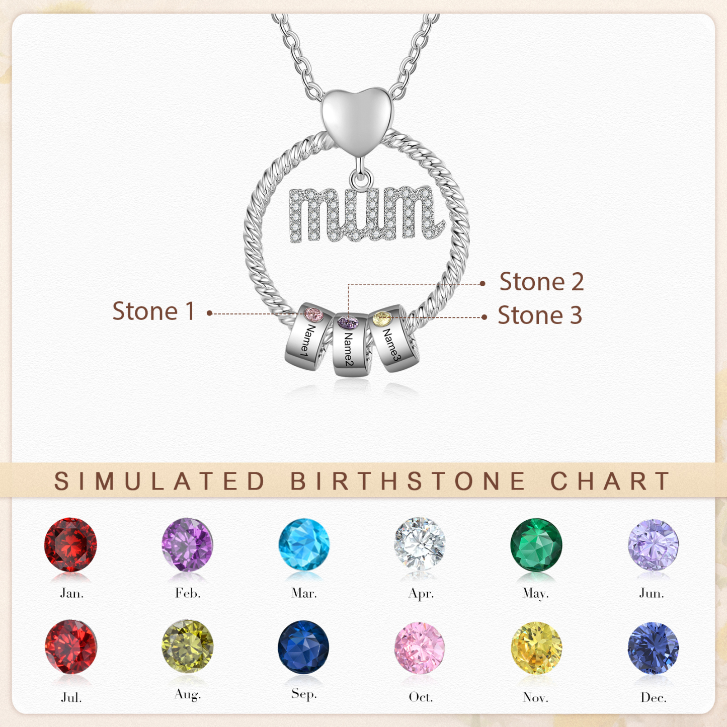 Personalized Circle Necklace With 3 Birthstones Pendant Engraved Names Gift For Mum