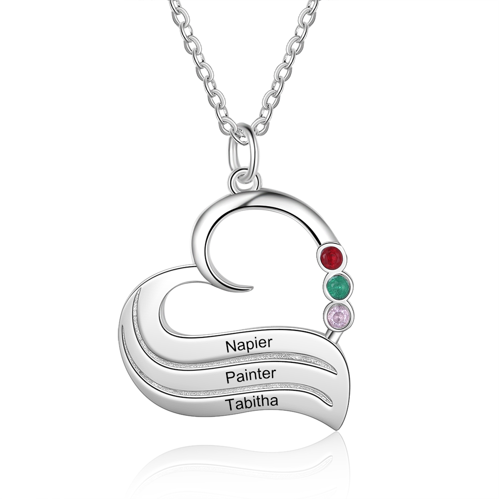 3 Names-Personalized Special Heart Necklace with Birthstone and Name for Her