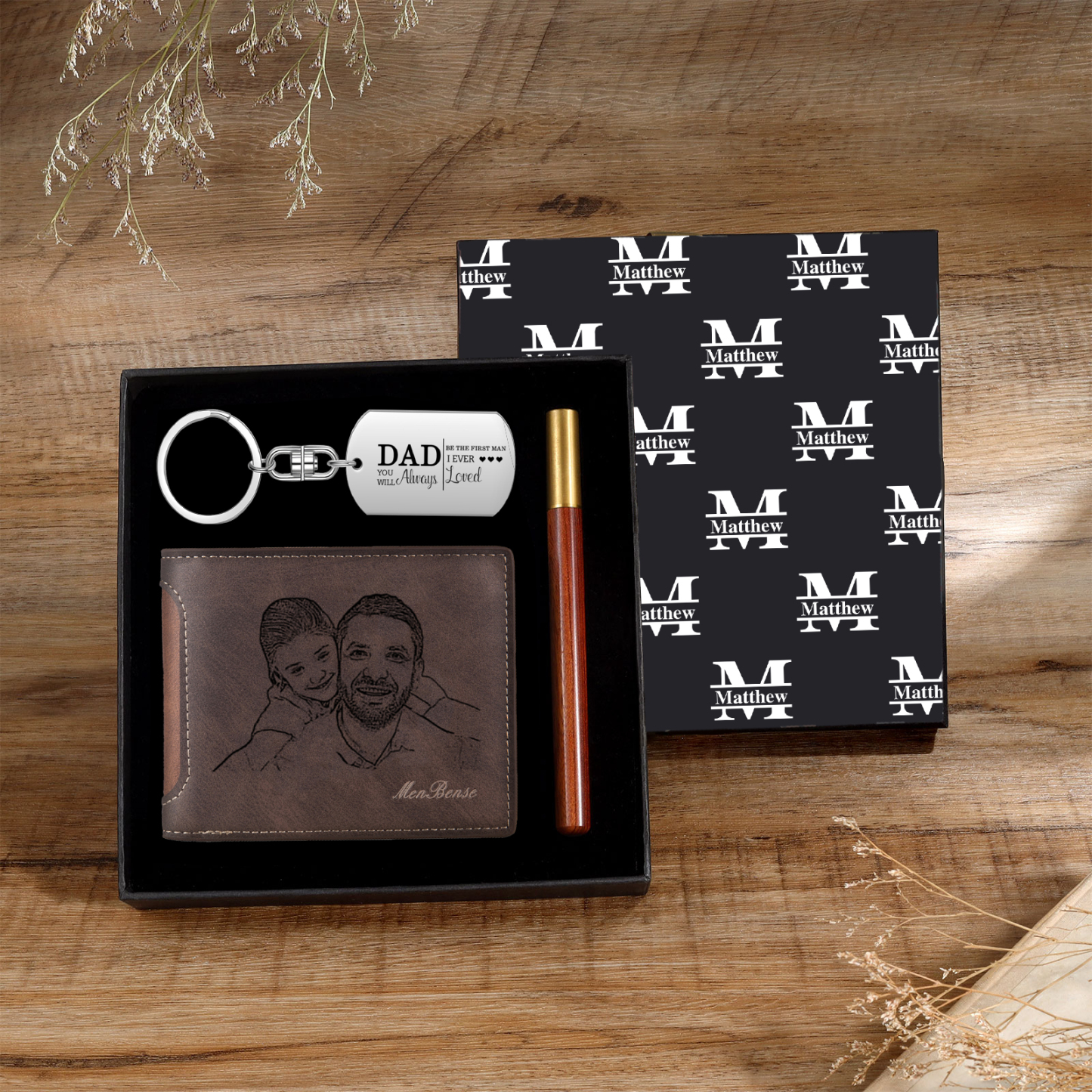 Personalized Leather Wallet Gift Box Set with Keychain Customizable Photo and Text Wallet Gift for Dad