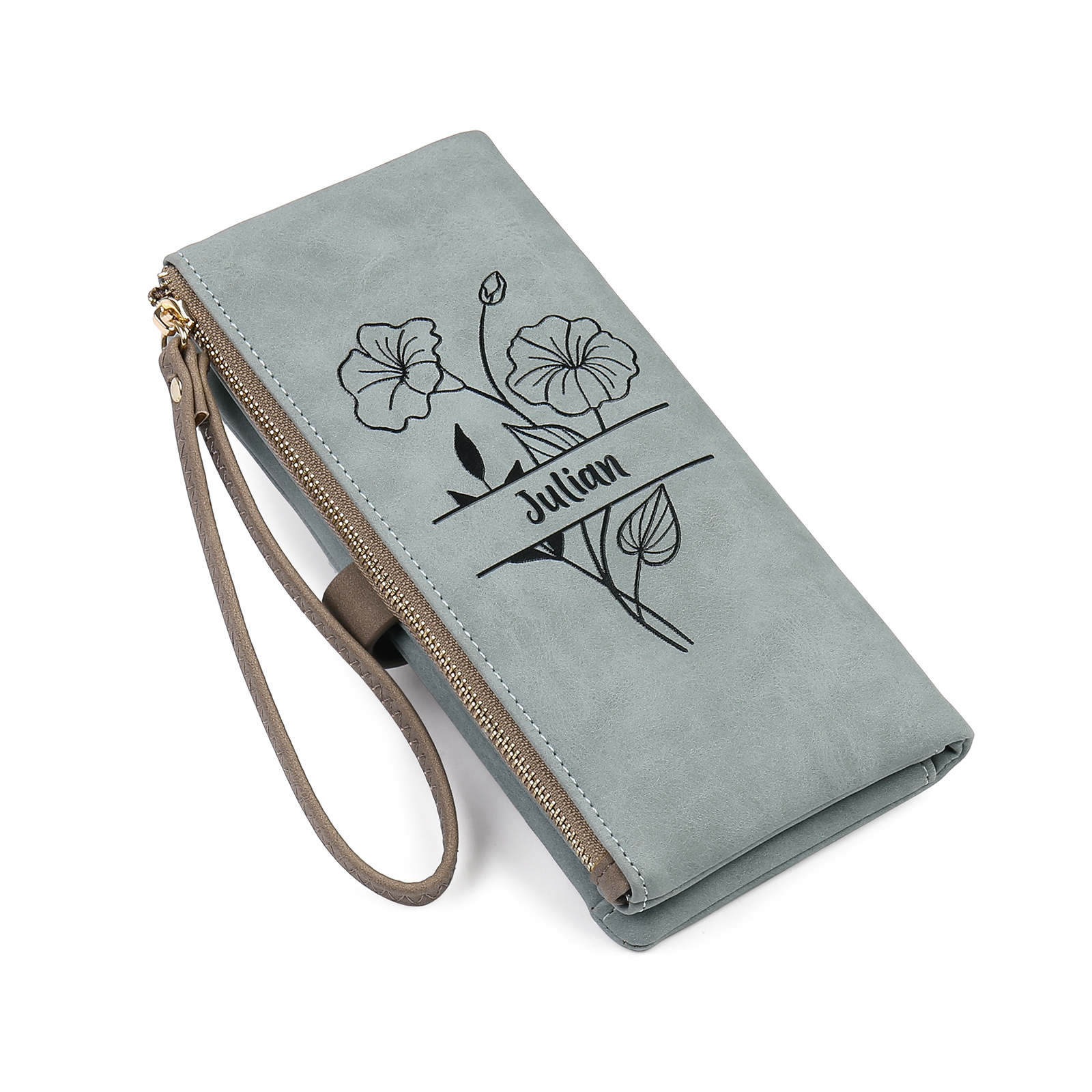 Personalized Women's Wallet Customized Birth Flower and Name Zipper Women's Wallet