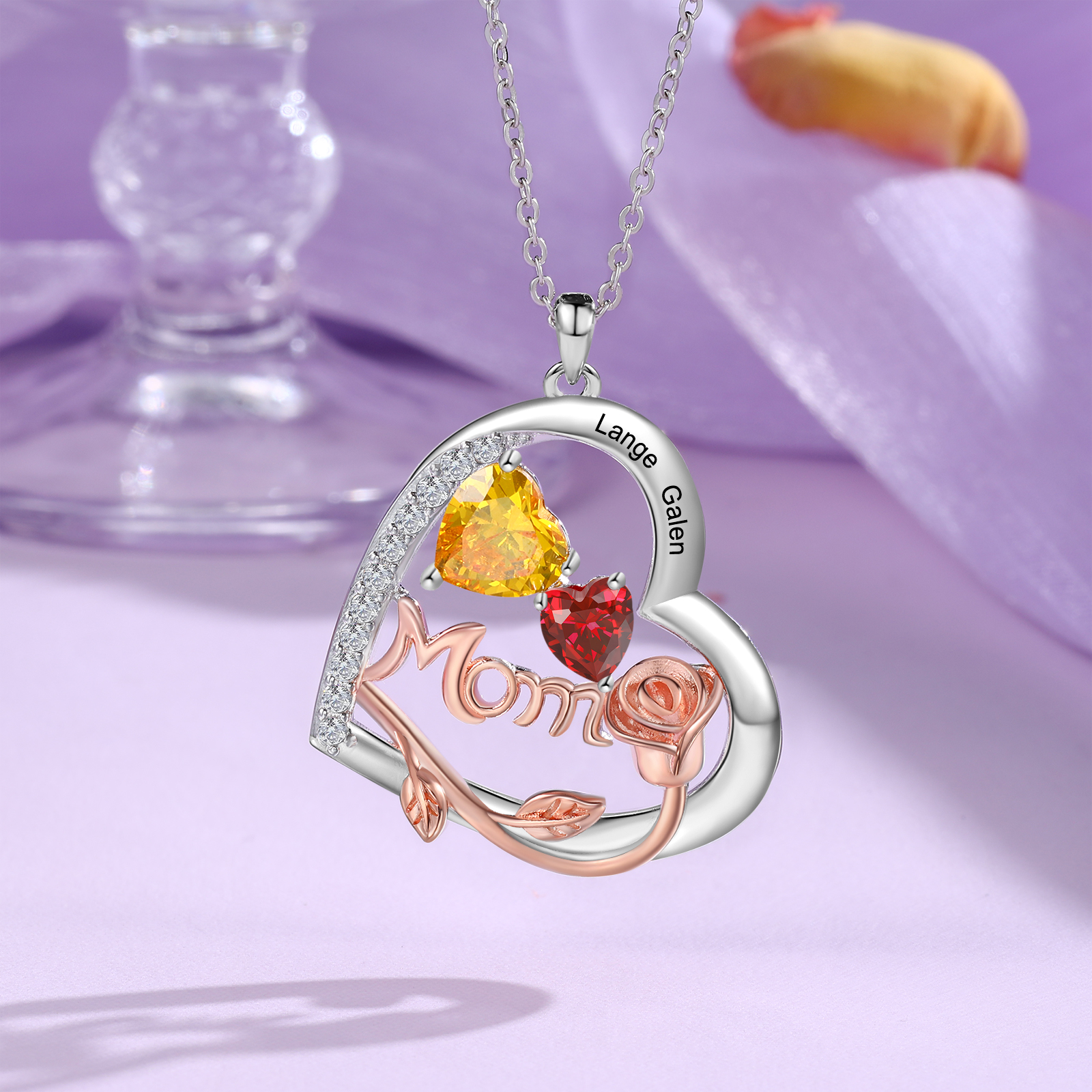 2 Names - Personalized Silver Heart Necklace with Birthstone and Name as a Mother's Day Gift for Mom