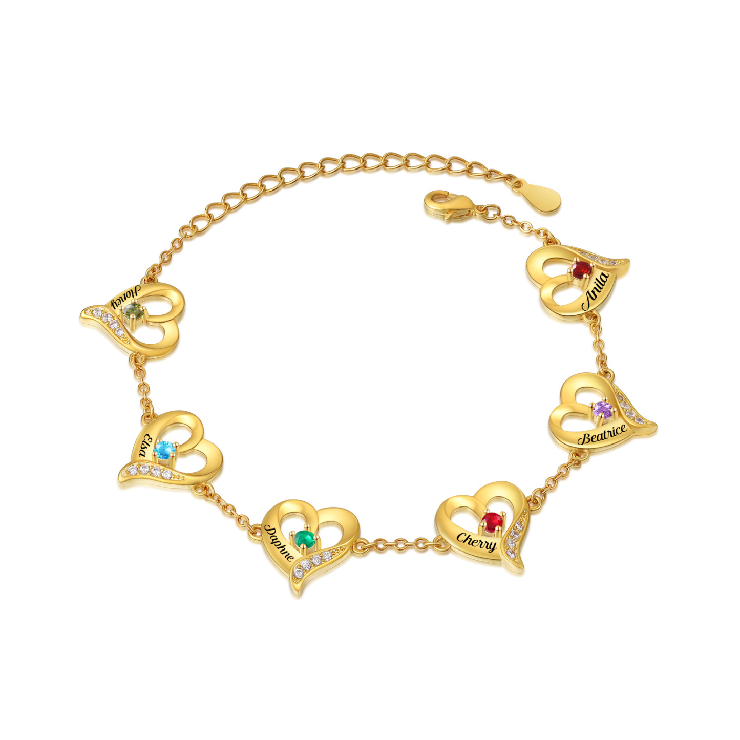 6 Names-Personalized Heart Bracelet With 6 Birthstones Engraved Names Bangle For Her