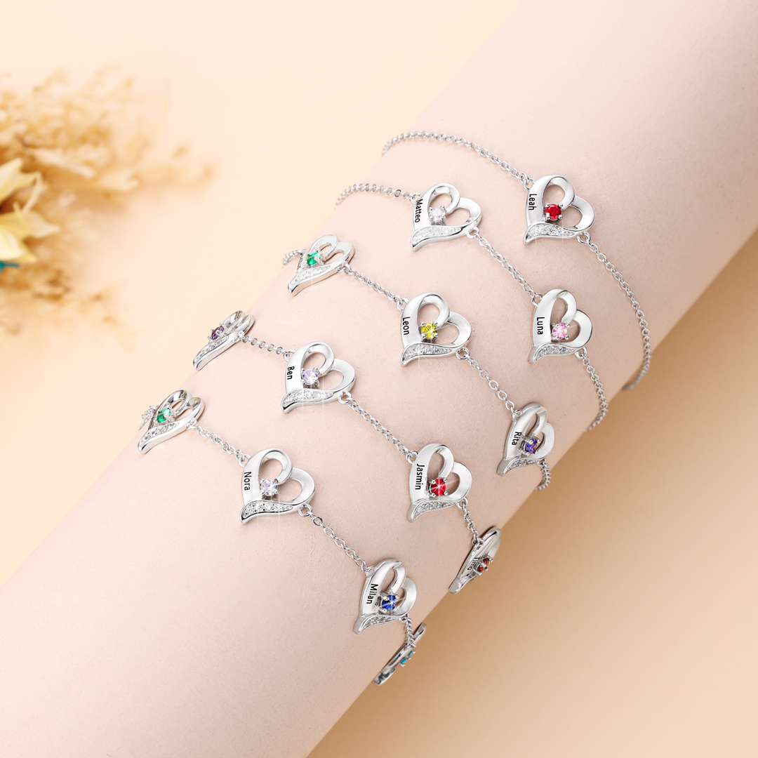 2 Names-Personalized Heart Bracelet With 2 Birthstones Engraved Names Bangle For Her