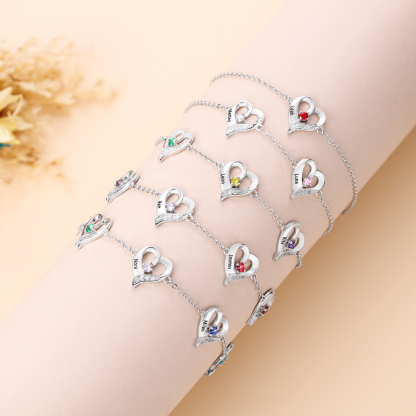 3 Names-Personalized Heart Bracelet With 3 Birthstones Engraved Names Bangle For Her