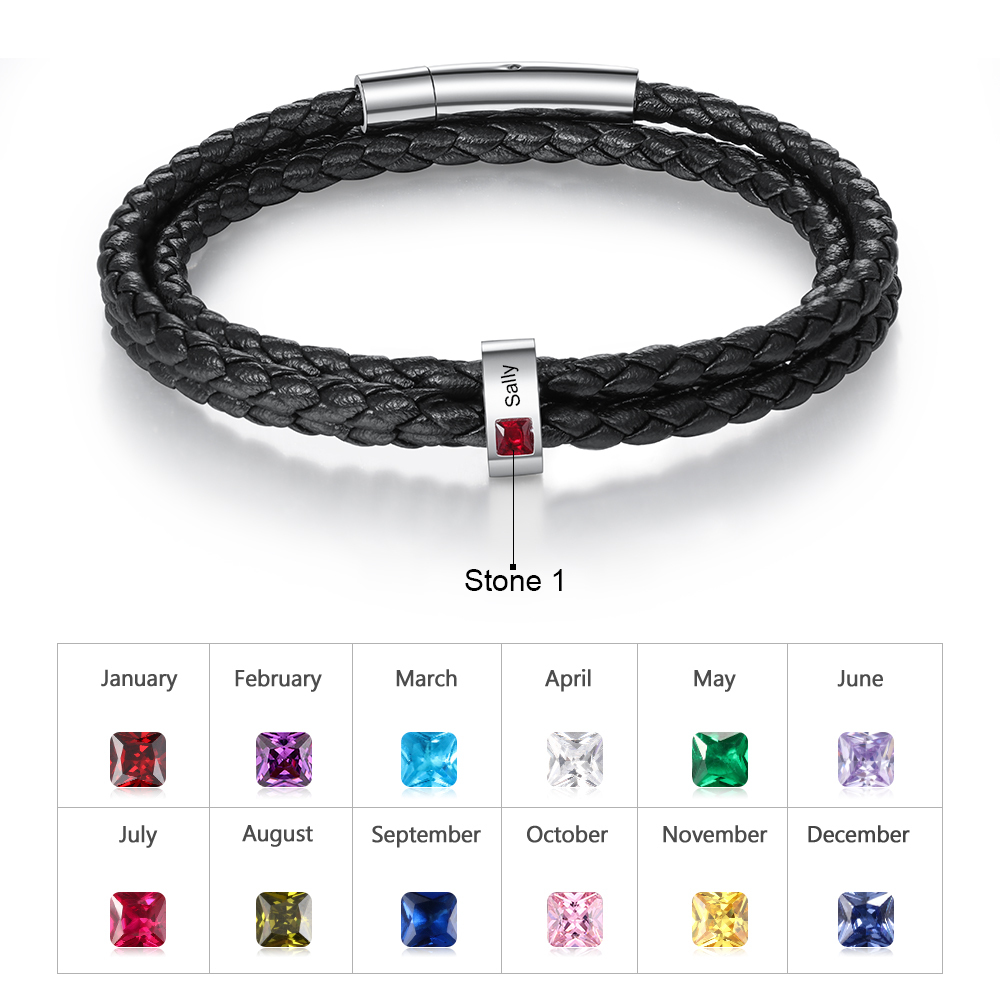 Personalized 3 Layer Leather Bracelet with 1 Bead Engraved Names Men's Bracelets for Him