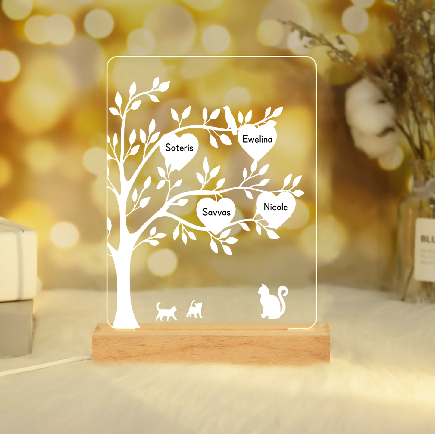 4 Names - Personalized Leaf Style Night Light With Custom Text LED Light Gift For Family