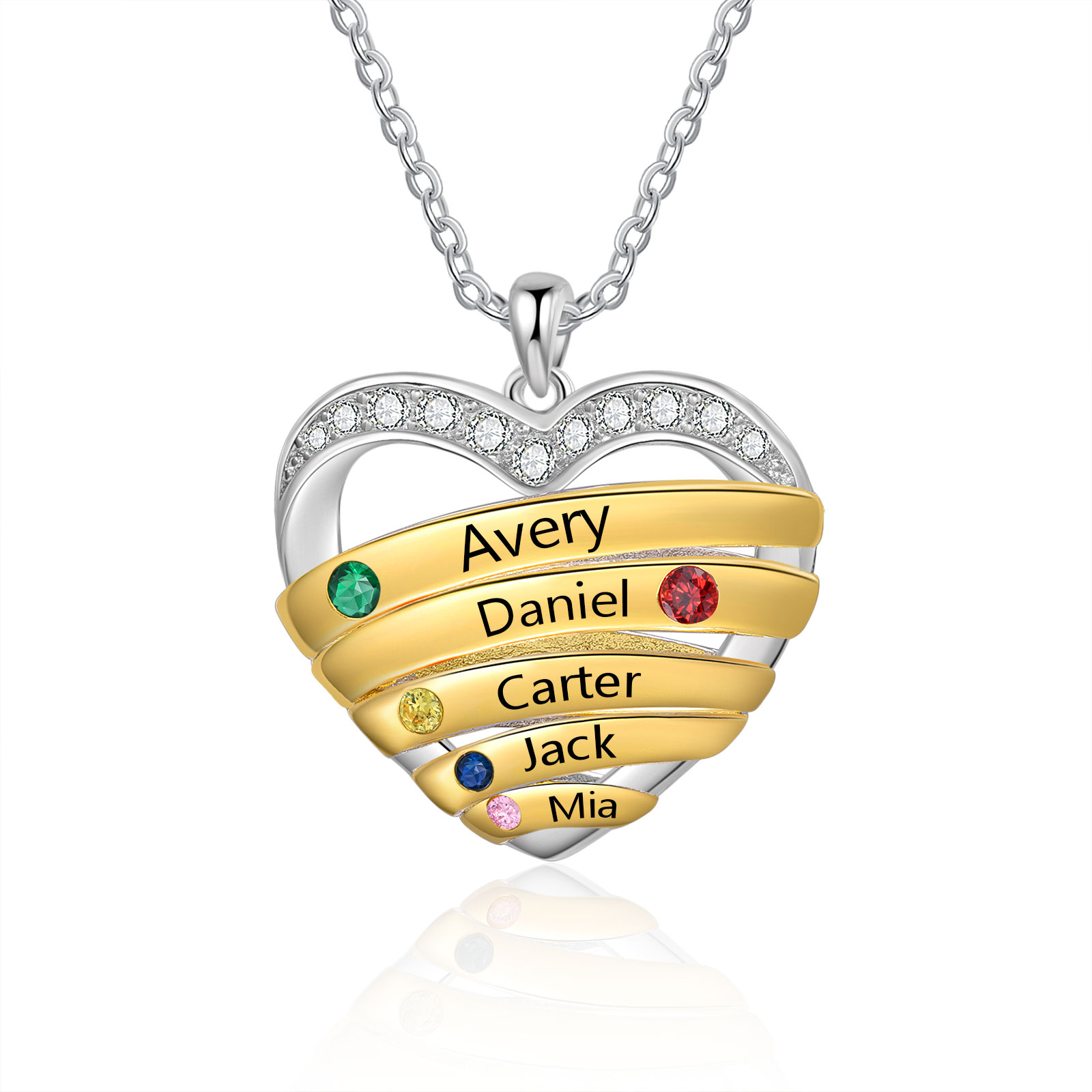 5 Names - Personalized Beautiful Heart Necklace with Custom Name and B