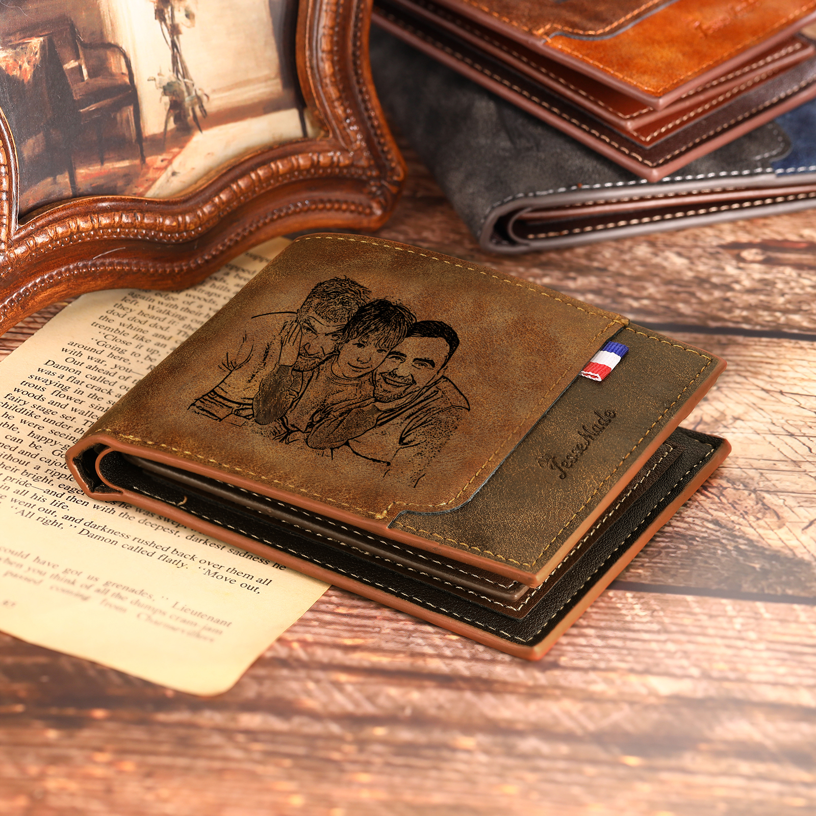 4 Names - Personalized Photo Custom Leather Men's Folding Wallet as a Father's Day Gift for Dad