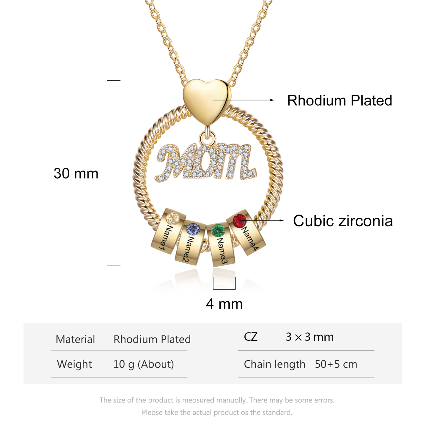 4 Names-Personalized Mom Necklace Set With Premium Rotating Rose Flower Gift Box-Custom Necklace With 4 Birthstones Engraved Names Gift For Mother
