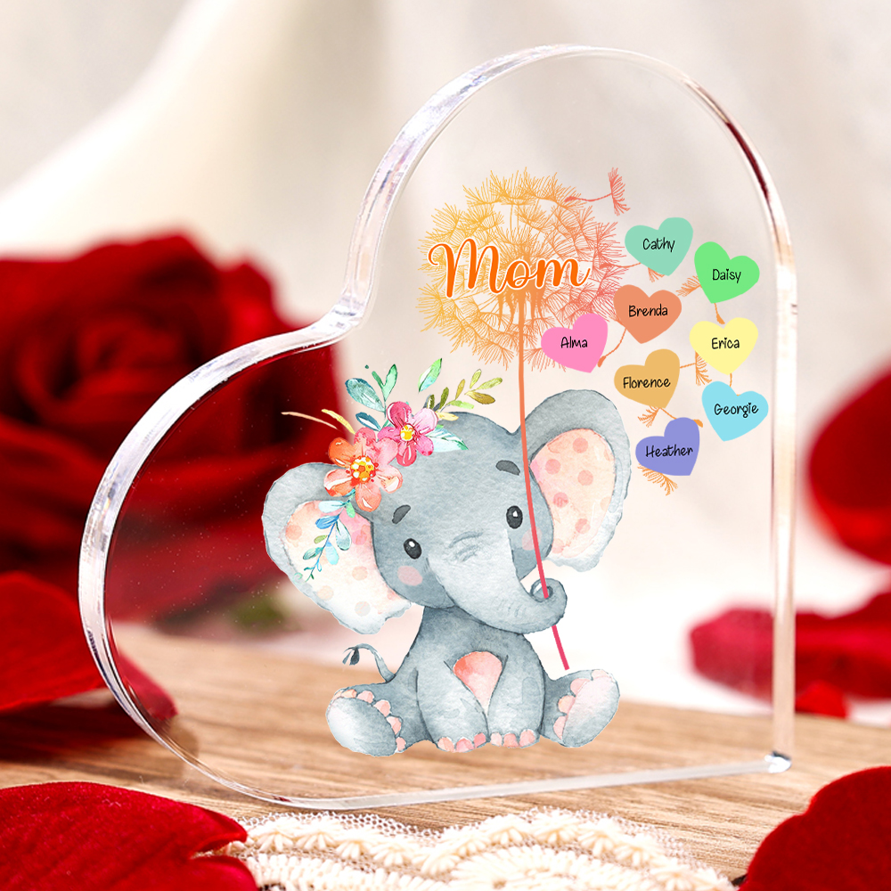Customized 1-10 Names, Elephant Takes Dandelions tyle Acrylic Heart-shaped Decorative Brand Plaque Decoration for Mom