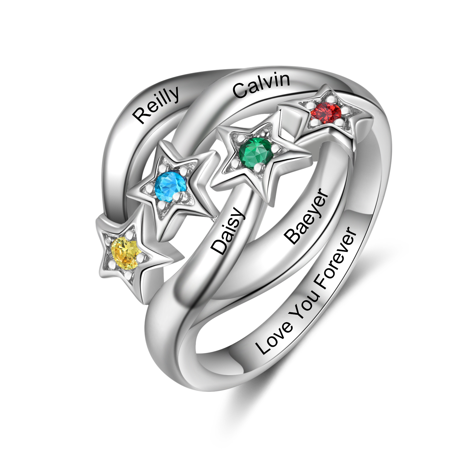 Personalized Star Ring With 4 Birthstones Engraved Names Ring Gift For Women