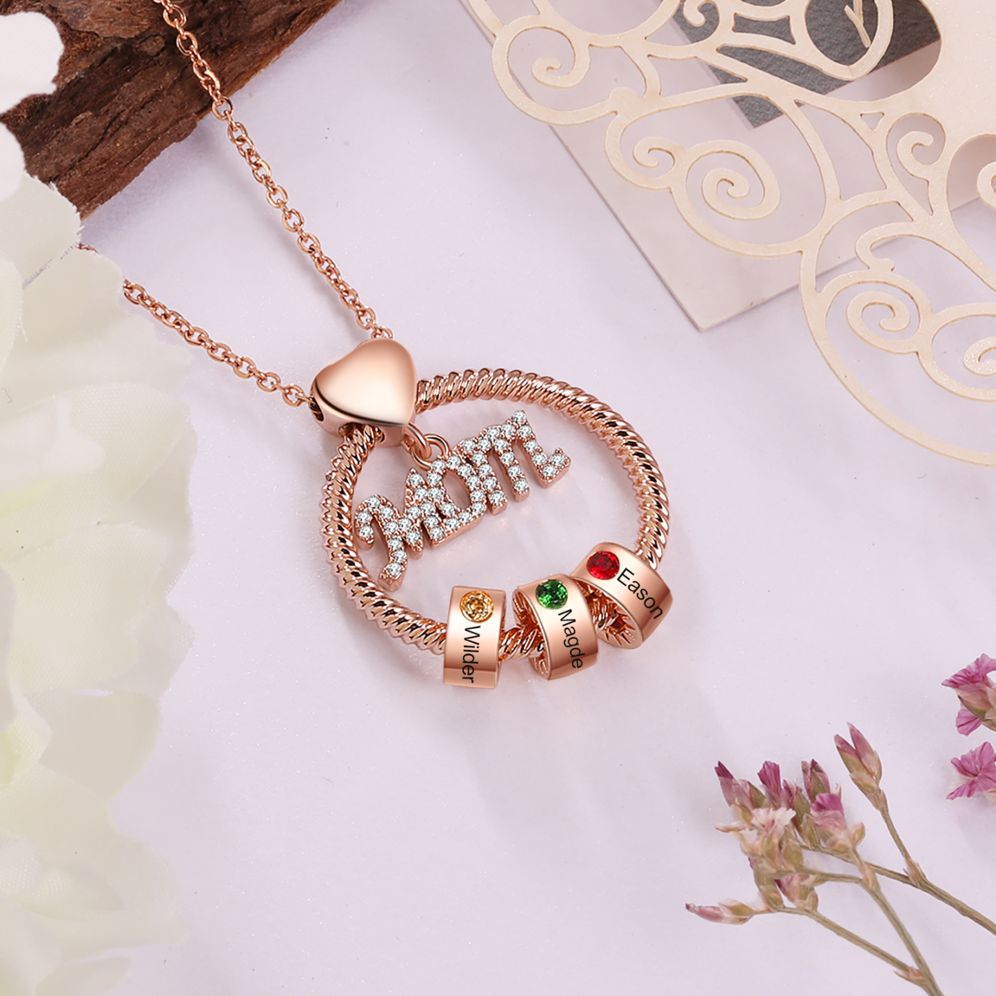 3 Names-Personalized Mom Necklace Set With Premium Rotating Rose Flower Gift Box-Custom Necklace With 3 Birthstones Engraved Names Gift For Mother