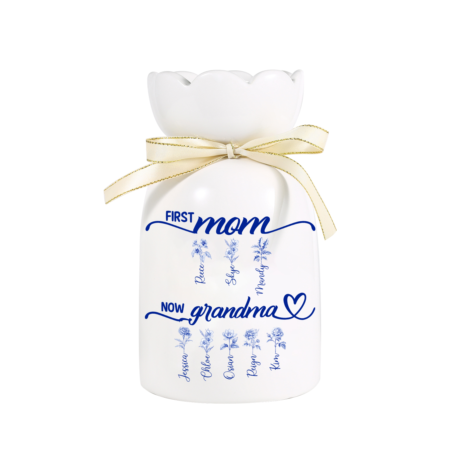 Ceramic Vase with a gold ribbon and blue floral patterns, for Mom and Grandma