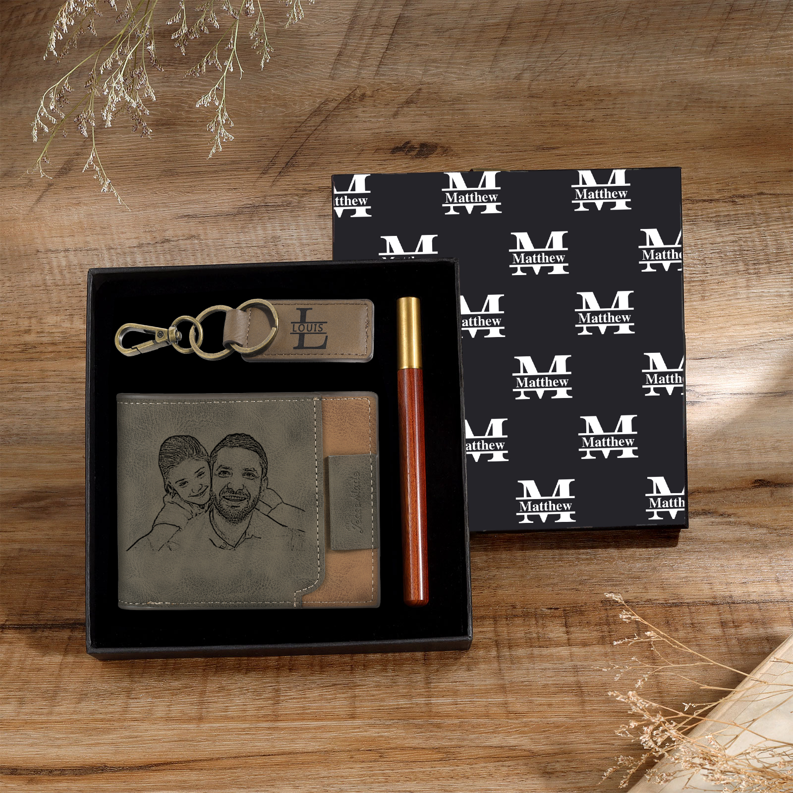 Personalized Leather Wallet Gift Box Set with Letter Name Keychain Customizable Photo Wallet Gift for Him