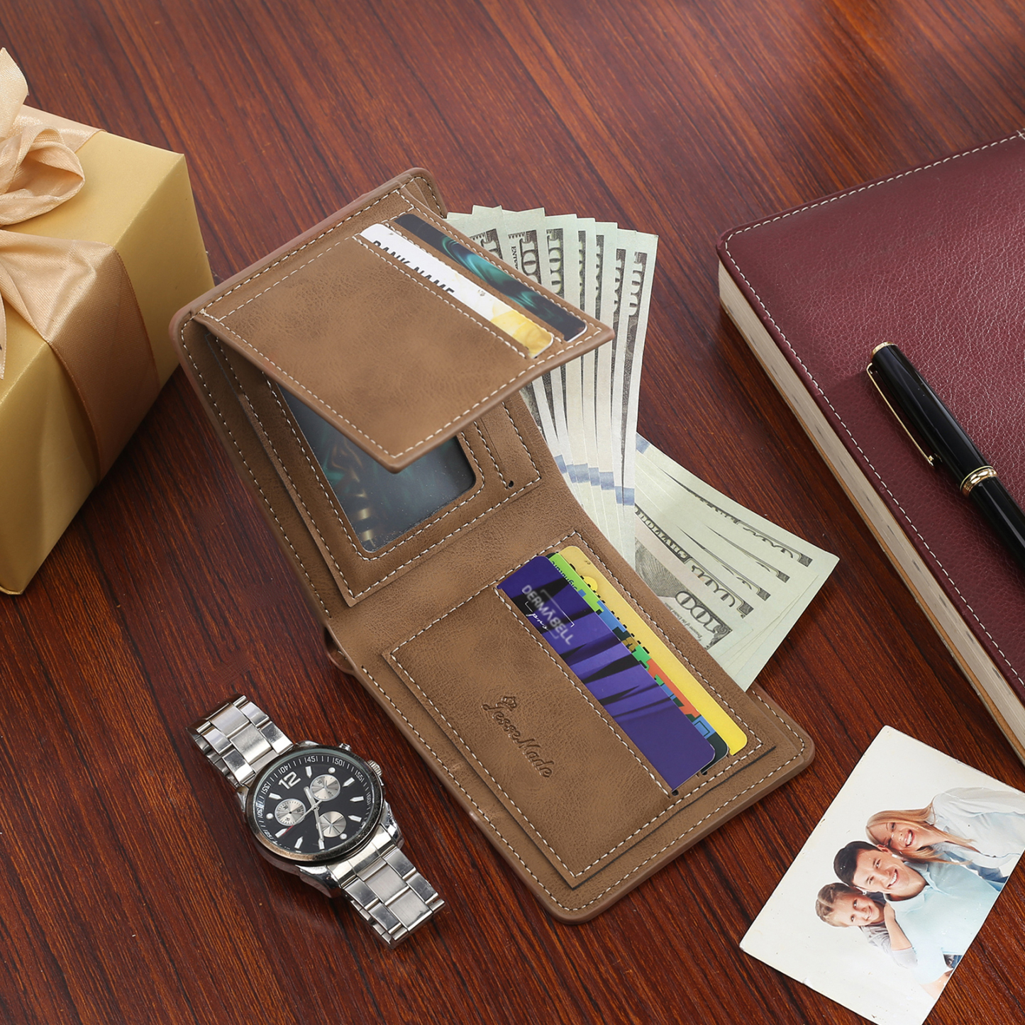 2-Names Personalized Leather Men's wallet With Card Slot Engraved With Name And Photo For Papa As a Father's Day Unique Gift