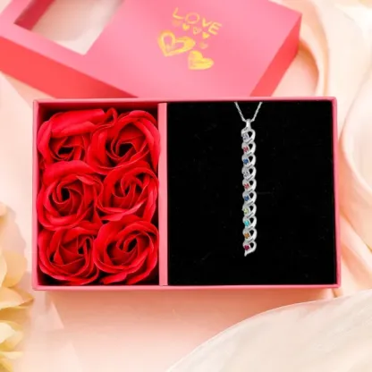 1-10 Names-Personalized Birthstones Necklace Set With Rose Gift Box-Custom Cascading Pendant Necklace Engraving 3 Names Gifts for Her