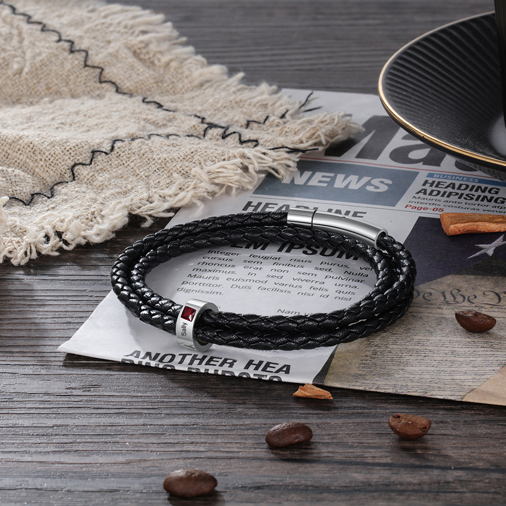 Personalized 3 Layer Leather Bracelet with 1 Bead Engraved Names Men's Bracelets for Him