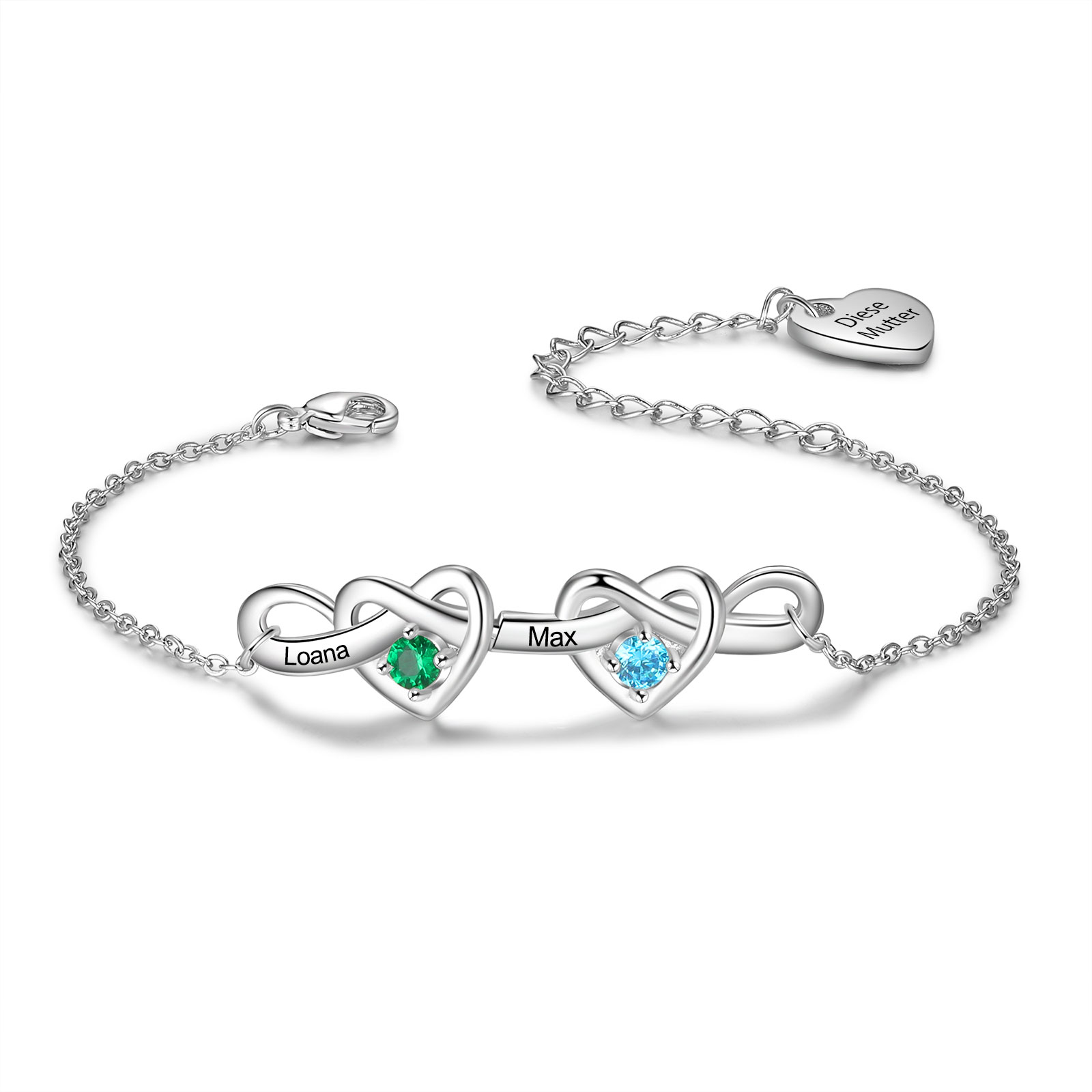 2 Names-Personalized Linked Heart Bracelet With 2 Birthstones Engraved Names And Text Bangle For Her