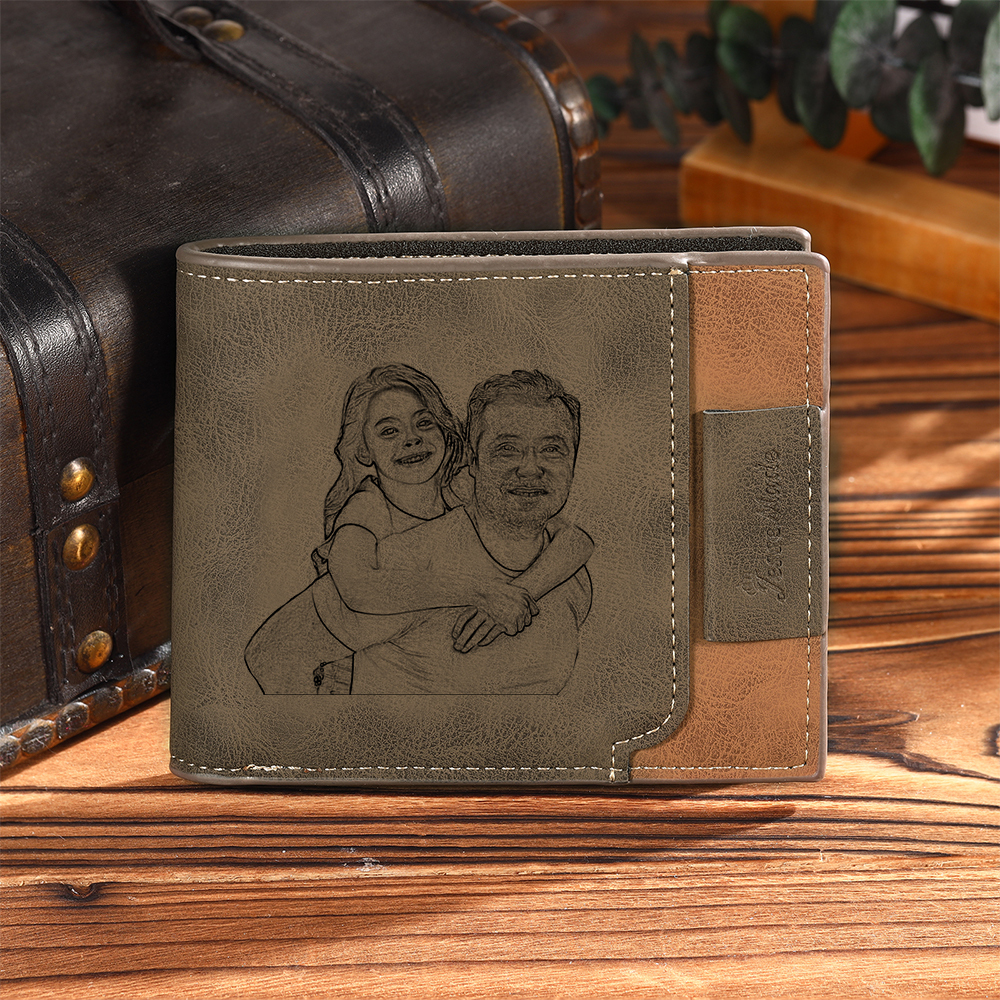 Photo Personalized Leather Men's Wallet Customized Name Letter Folding Wallet Two Colors Available with Gift Box for Dad