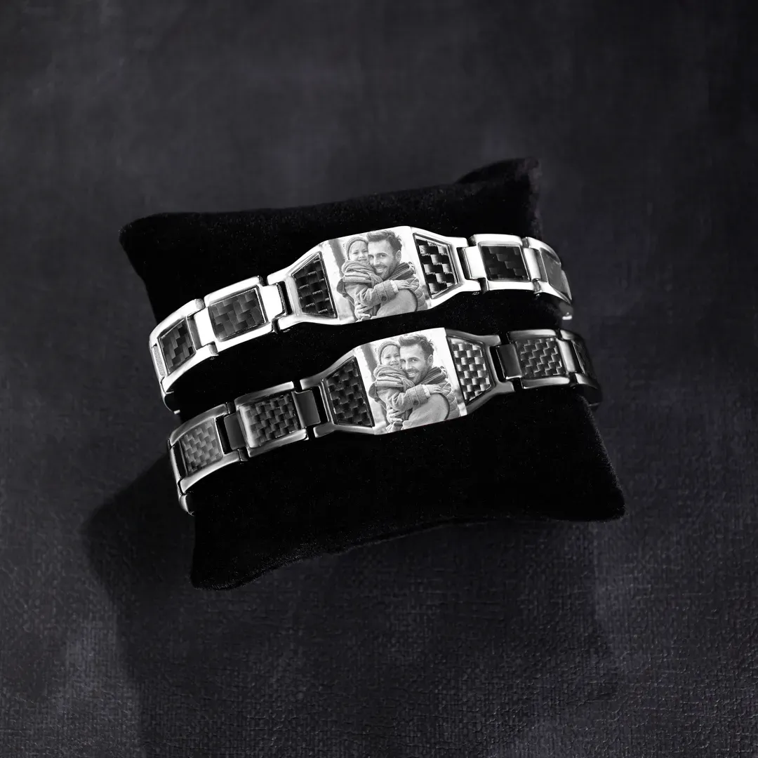 To My Man Personalized Carbon Fiber Energy Bracelet Gift Set, Custom Photo ID Bar Men's Bracelet Bangle Gifts For Him | Jessemade