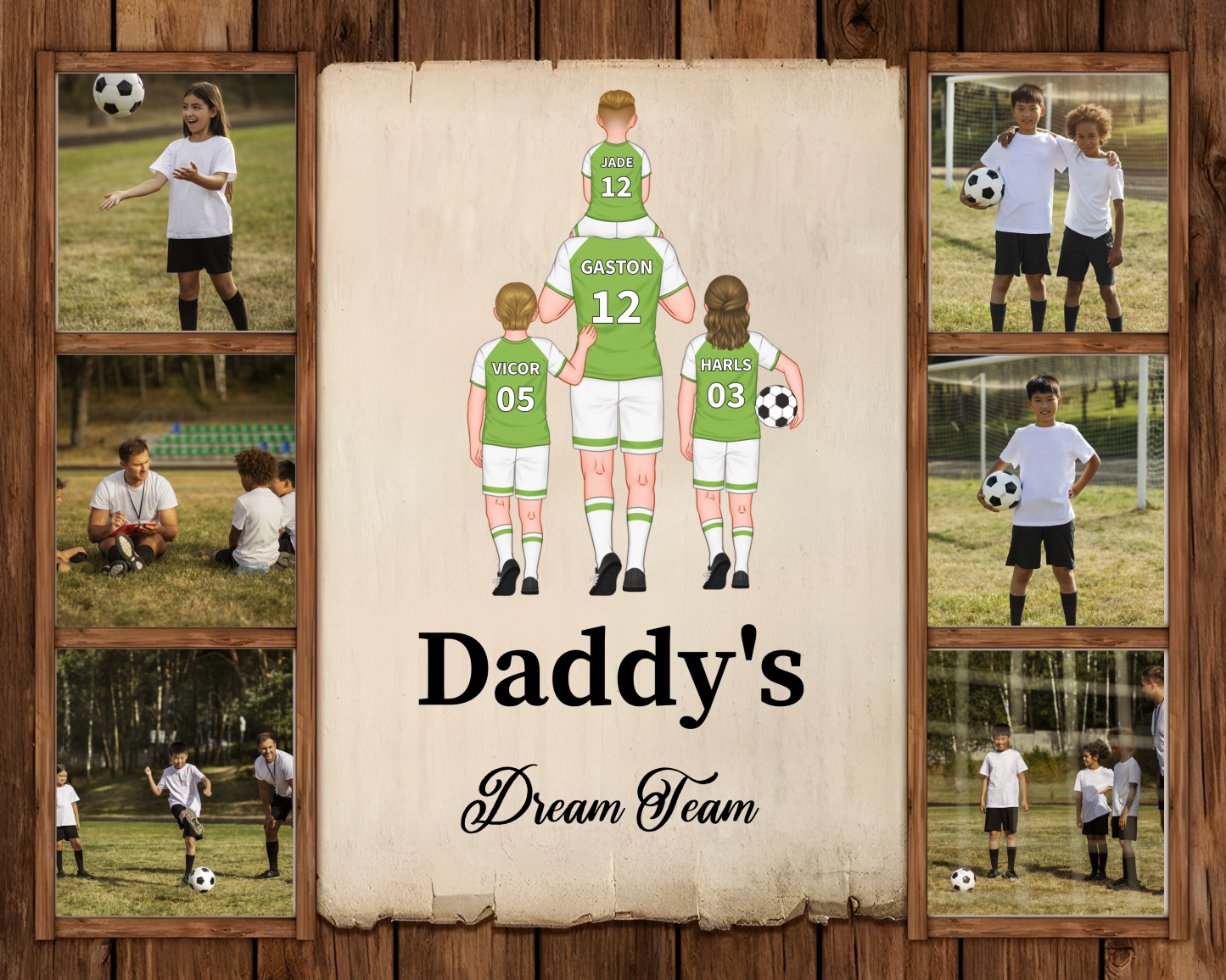 To My Dad - Wood Frame Dad's Football Team 2-9 Personalized Names with Text and 6 Photos