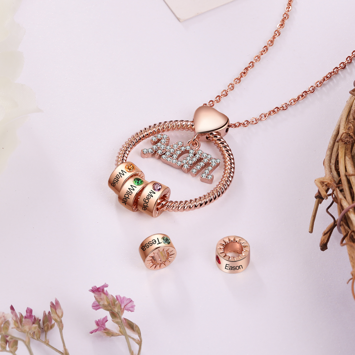 4 Names-Personalized Mom Necklace Set With Premium Rotating Rose Flower Gift Box-Custom Necklace With 4 Birthstones Engraved Names Gift For Mother
