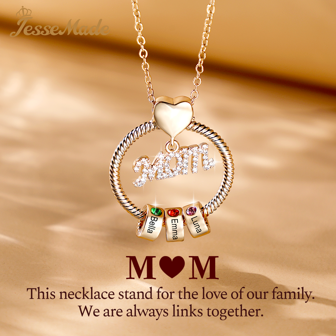 3 Names-Personalized Mom Necklace Set With  Premium Rotating Rose Flower Gift Box-Custom Necklace With 3 Birthstones Engraved Names Gift For Mother