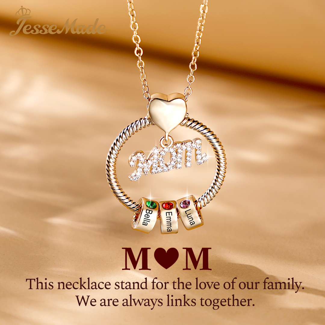 3 Names-Personalized Mom Necklace Set With Premium Rotating Rose Flower Gift Box-Custom Necklace With 3 Birthstones Engraved Names Gift For Mother
