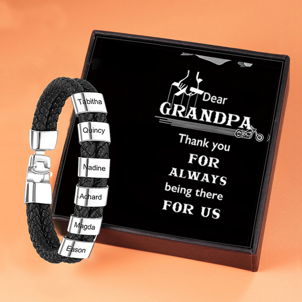 6 Names-Personalized Grandpa Braided Leather Bracelet Card Set, Custom Bracelet Engraved 6 Names Bracelet for Grandpa