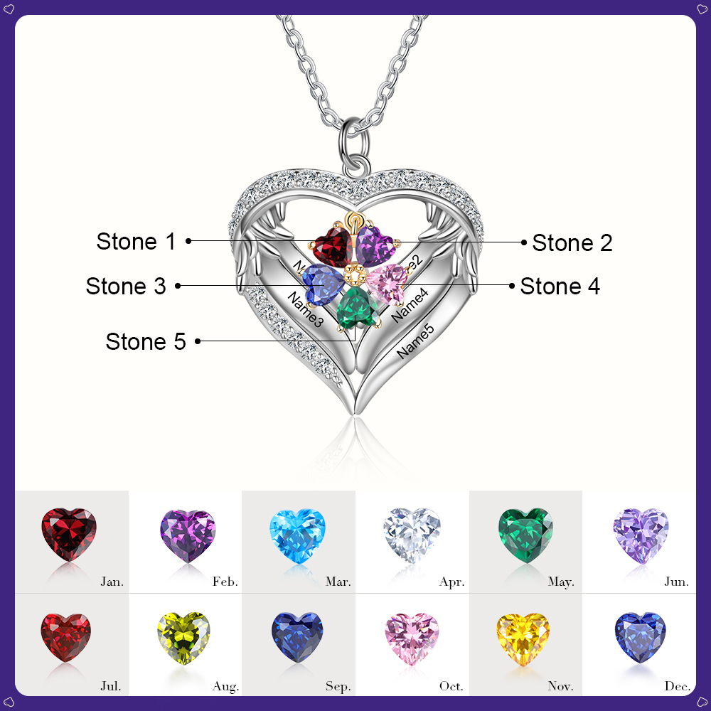 Personalized Wings S925 Silver Necklace With 5 Heart Birthstones Engraved Names Gift For Women