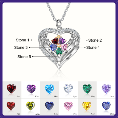 Personalized Wings S925 Silver Necklace With 5 Heart Birthstones Engraved Names Gift For Women