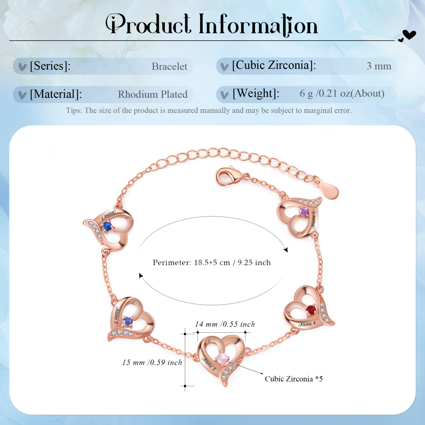 5 Names-Personalized Heart Bracelet With 5 Birthstones Engraved Names Bangle For Her