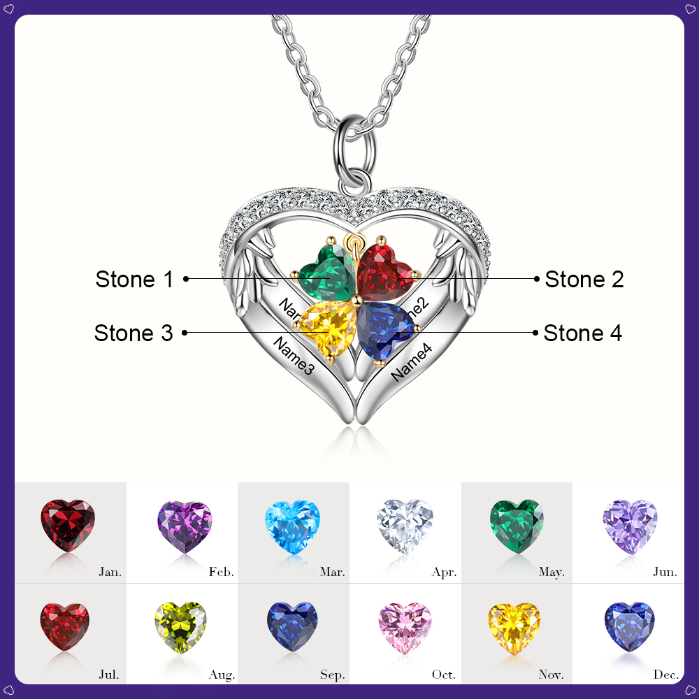 Personalized Wings S925 Silver Necklace With 4 Heart Birthstones Engraved Names Gift For Women