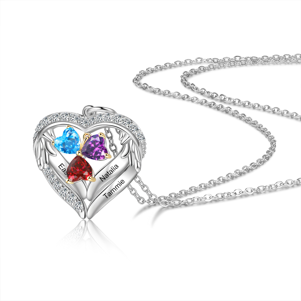Personalized Wings S925 Silver Necklace With 3 Heart Birthstones Engraved Names Gift For Women