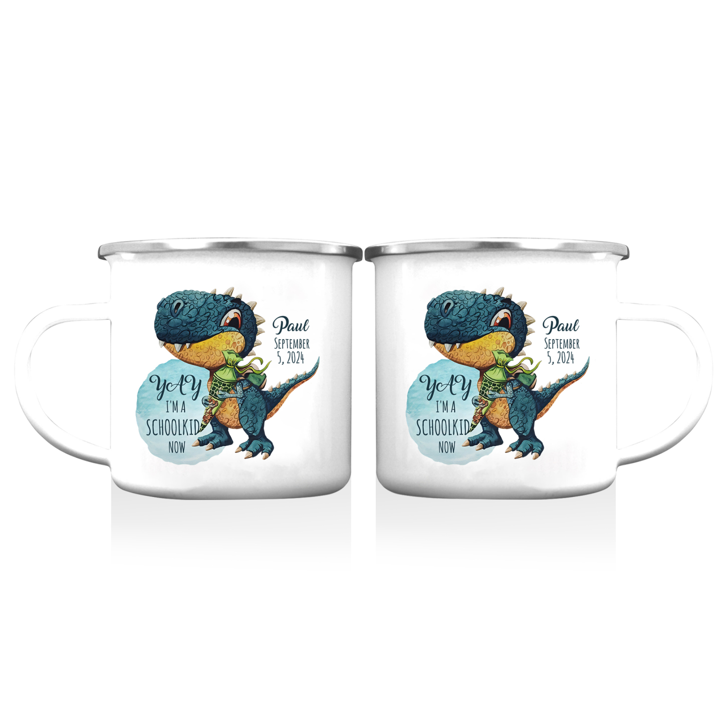 Back to School Gift Set -Personalized Gift Customized Name and Date Enamel Mug and Pueple Dinosaur Pencil Case and Dinosaur Bracelet Set - Gift for Kids
