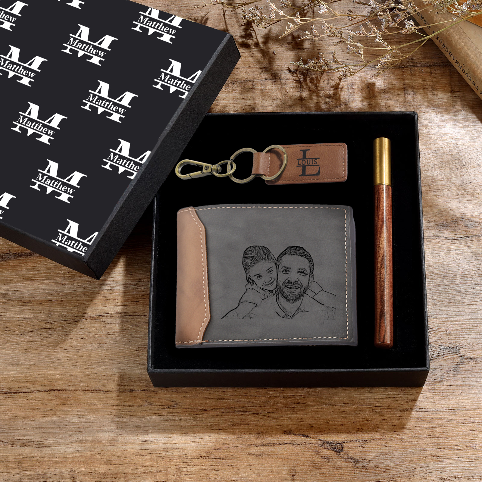 Personalized Leather Wallet Gift Box Set with Letter Name Keychain Customizable Photo and Text Wallet Gift for Him