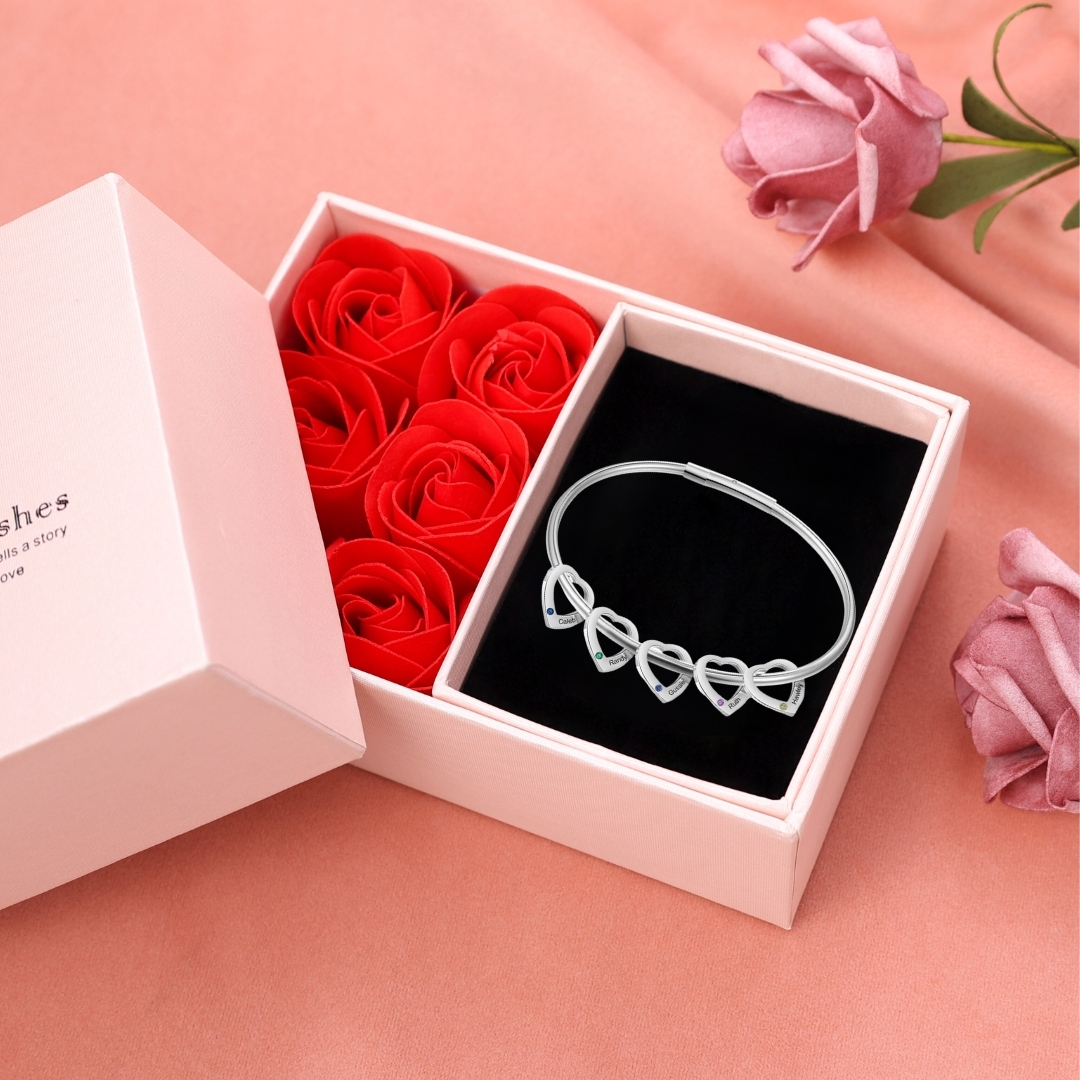 5 Names-Personalized Heart Bracelet With 5 Birthstones Bangle Engraved Names Bracelet Gift For Women